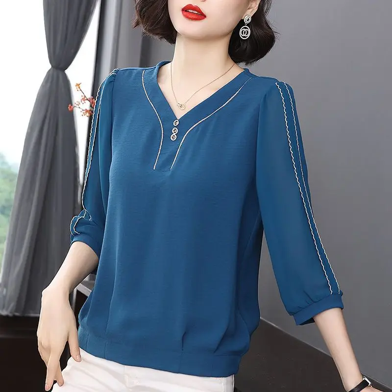 Elegante casual com decote em v manga 3/4 chiffon camisa verão roupas femininas simplicidade solta moda cor sólida botão blusa