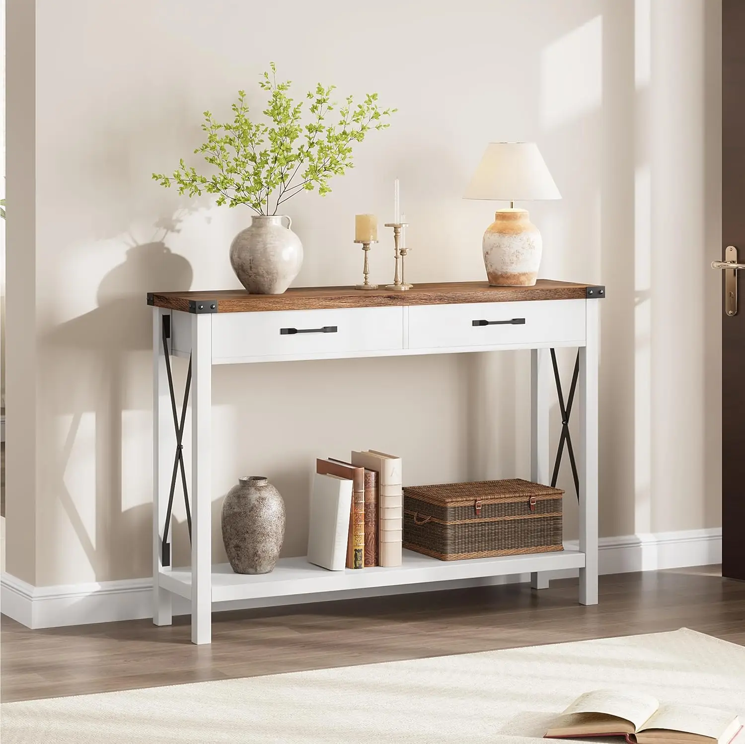 

Wooden Entryway Table, Farmhouse Console Table with 2 Drawers, Sofa Table with Storage for Living Room