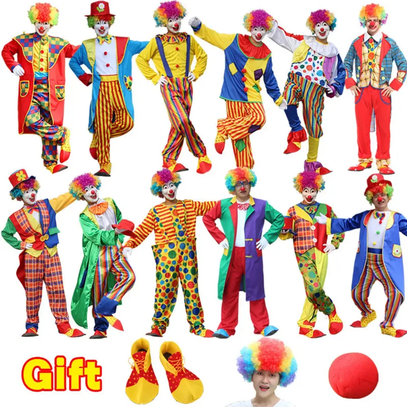 Halloween Adult Men Funny Circus Clown Costume With Wig Shoes Nose Joker Fancy Cosplay Christmas Party Dress