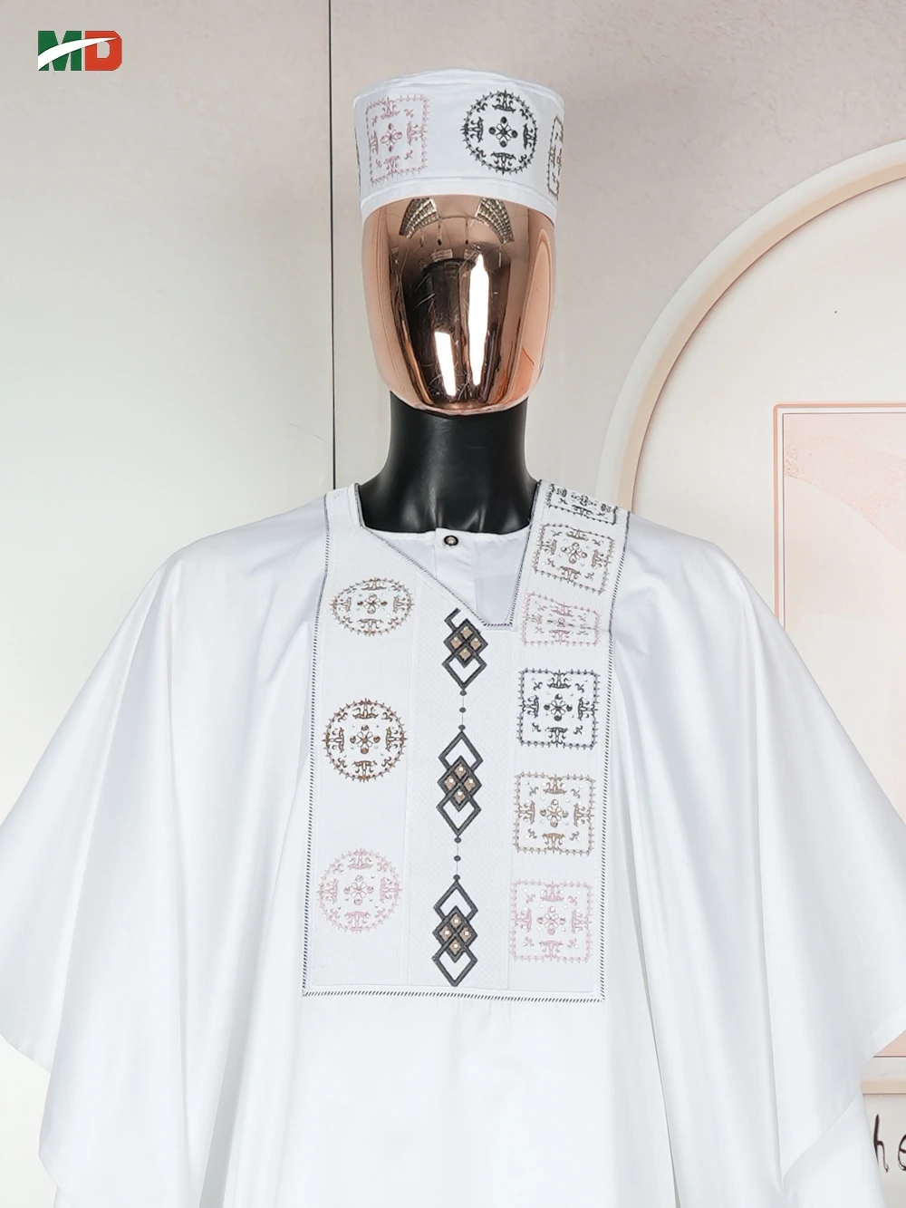 MD Африканский мужской традиционный комплект одежды Agbada, белый кафтан с вышивкой, брюки в тон и кепка, 3 предмета для свадебных фестивалей