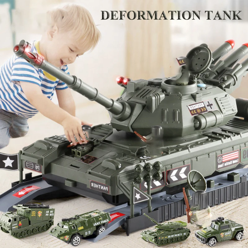 

Large Tank Alloy Car Set Simulation Military Base Storage Rail Glide Detachable Light Music Story Early Educational Kid Toy Gift