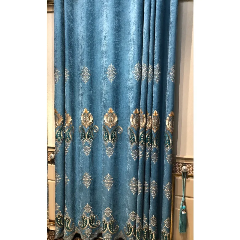 Little Pepper High-end European Style Luxury Blue Embroidered Thickened Curtains Living Room Bedroom Balcony Curtains