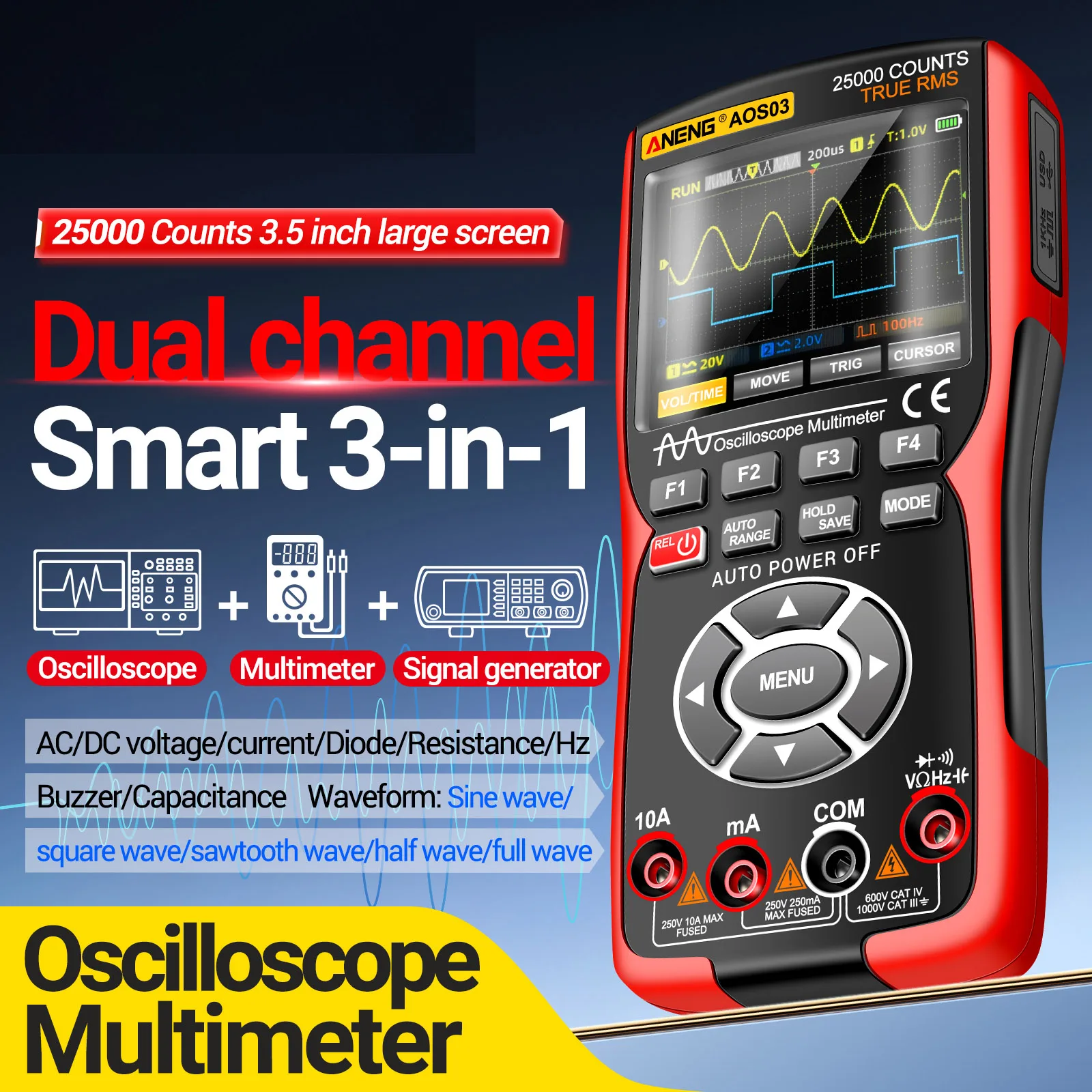 ANENG AOS03 Oscilloscope Multimeter Signal Generator Dual Channel 50MHz Bandwidth 280MSa/s Sampling 25000 Counts Multi Tester