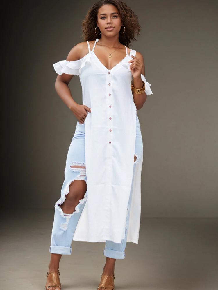 

Women Off the Shoulder Plus Size Dress High Split Ruffle Spaghetti Strap Sexy Vintage Streetwear Vintage Shirt Dresses Summer