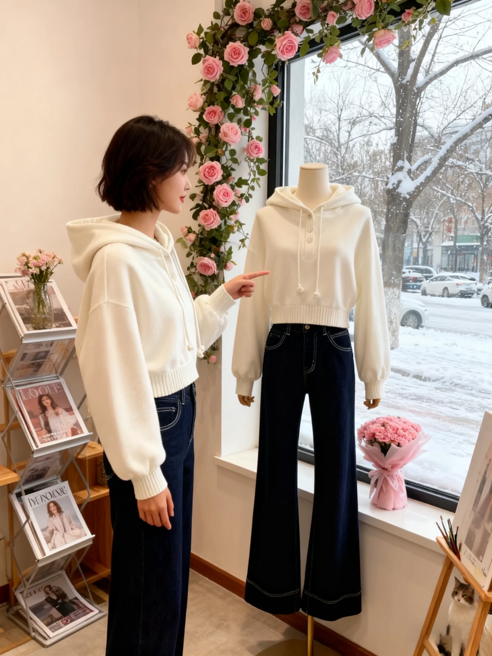 

Стильный белый комплект из толстовки с капюшоном и брюк с высокой талией, свободного кроя, прямого кроя, осенний, новинка