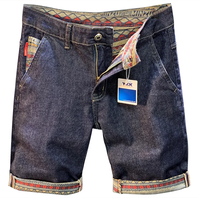 Dark Blue Denim Shorts Male2024New Retro Patchwork Curling Breathable Washed Elastic Casual Primary Color Pirate Shorts