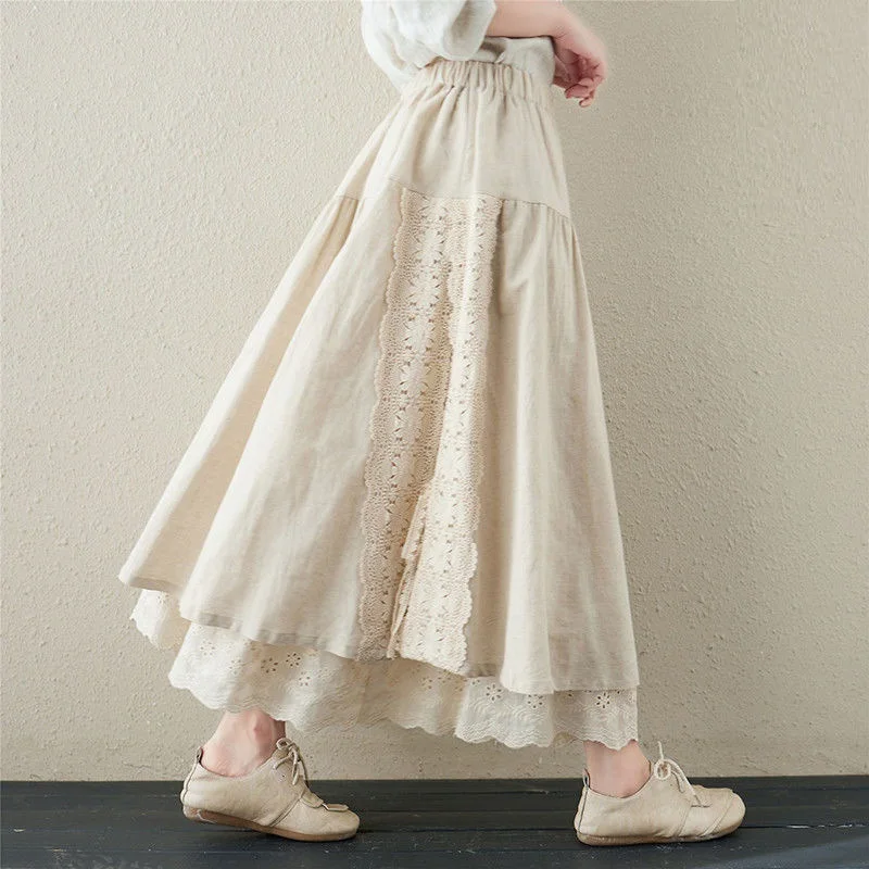 Vintage Chic Embroidery Linen Cotton Long Skirts Women Summer Elastic High Waist Pleated Maxi Skirt Female Elegant A-Line Skirt