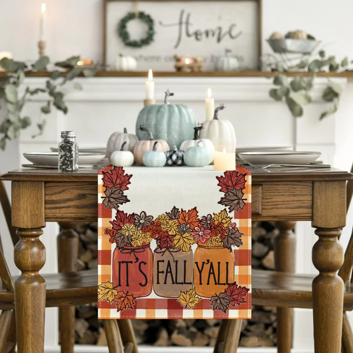 It's Fall Y'all Maple Leaves,Orange,Brown,Buffalo Plaid Table Runner,Seasonal Harvest,Vintage Kitchen Table Decor for Home Decor