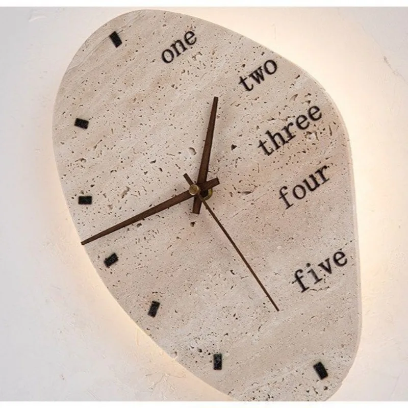Natural Stone Travertine Wall Sconce with Clock Design Warm Glow LED Wall Light for Wabi Sabi Home Decor