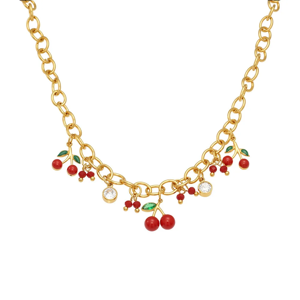 

Ourfuno Oil Drip Cherry Zircon Pendant Necklace Bracelet For Women Cute Stainless Steel Party Wedding Jewelry Set Christmas Gift