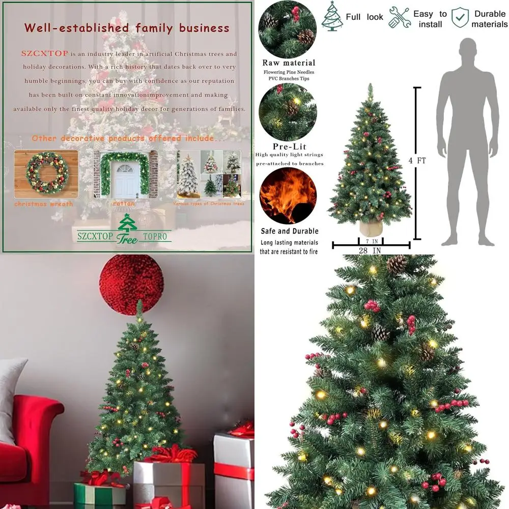 

4-Foot Pre-Lit Artificial Pine Christmas Tree with 300 PVC Branches, 20 Red Berries, 20 Pinecones, and 100 LED Lights, Burlap Ba