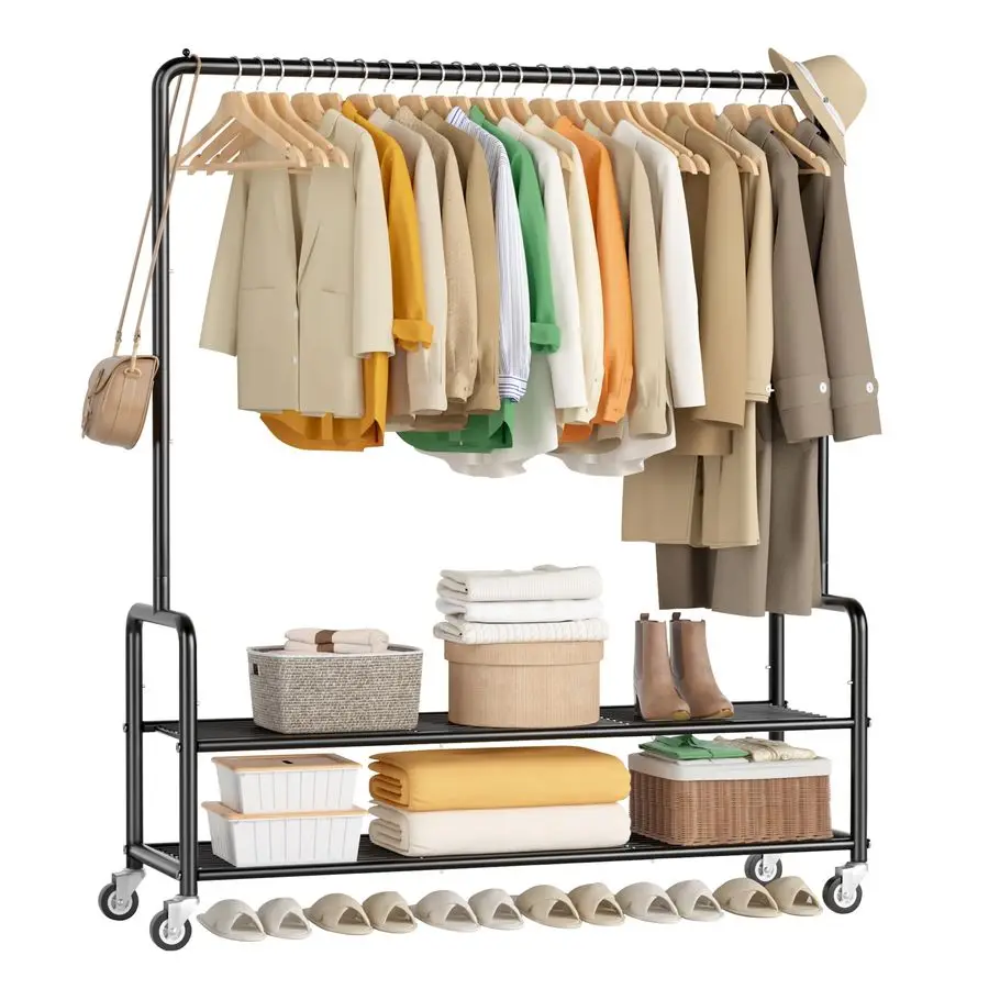 

Прочная вешалка для одежды с полками, 46,5 дюймов, большая передвижная стойка для хранения одежды, пальто, черная