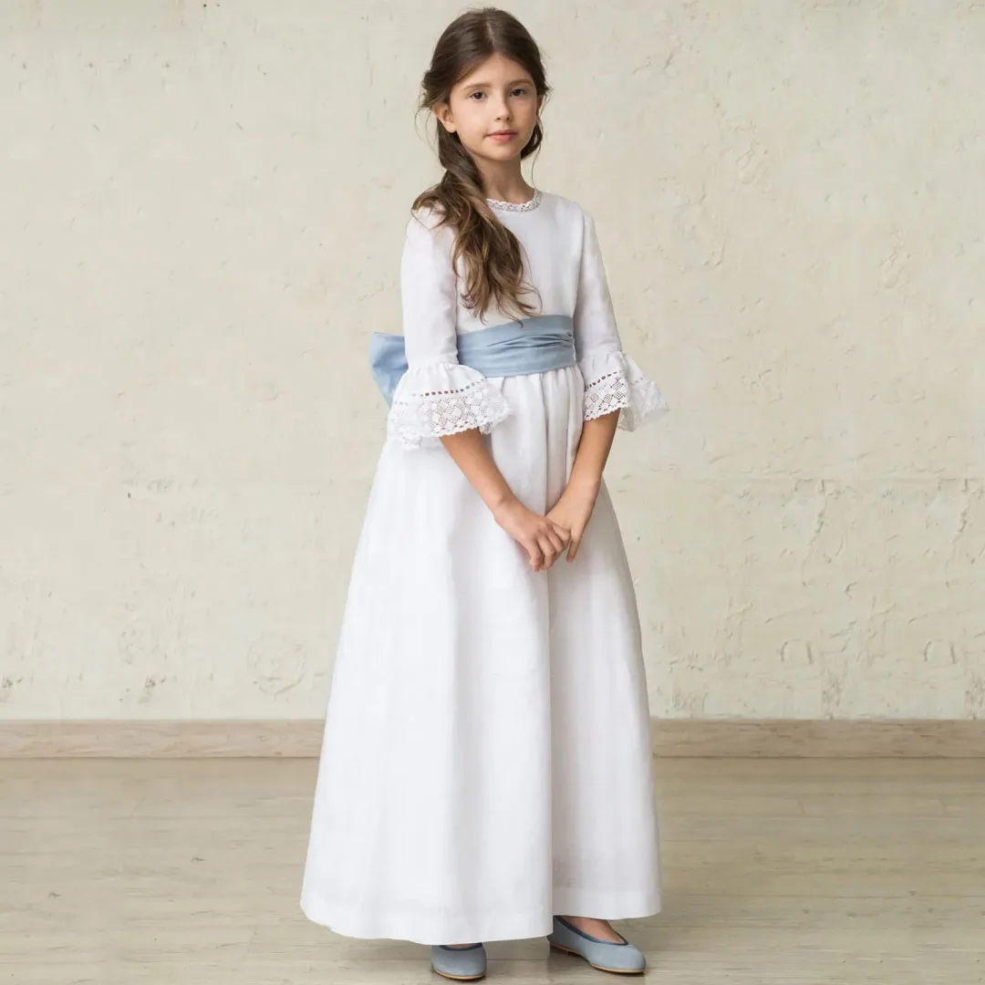 Customized Flower Girl Dresses White Lace Floral With Sky Blue Ribbon For Wedding Birthday Party Prom Ball Holy Communion Gown
