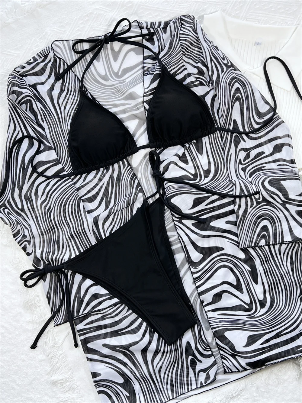 Black String Extrem Bikini Zebra Print Cover Ups Long Sleeve Swimsuit Y2K Swimwear Women Biquini Thong Bathing Suit Beach Outfit