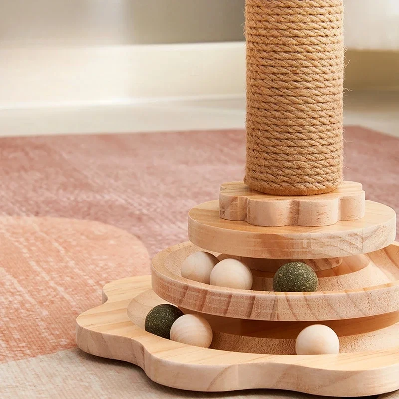 Durable Solid Wood Cat Turntable Funny Stick Balls Sisal Scratching Board Sustainable Pet Cat Supplies Climbing Grab Column Cat