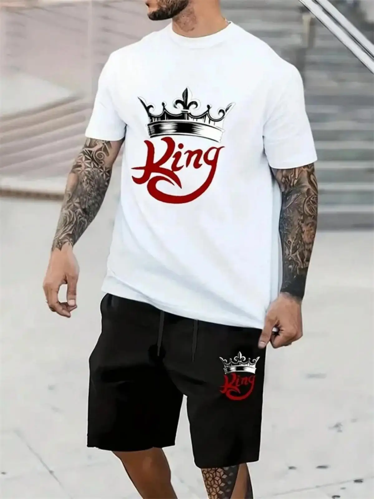 

Summer men's king printed quick drying soft shorts set men's breathable loose short sleeved top outdoor comfortable casual stree