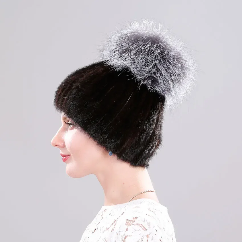 

Real Mink Fur Hat for Women Winter Ski Mask Beanies with Luxury Big Pompom Fox Fur Ball Caps Female Genuine Fur Knitted Bonnets