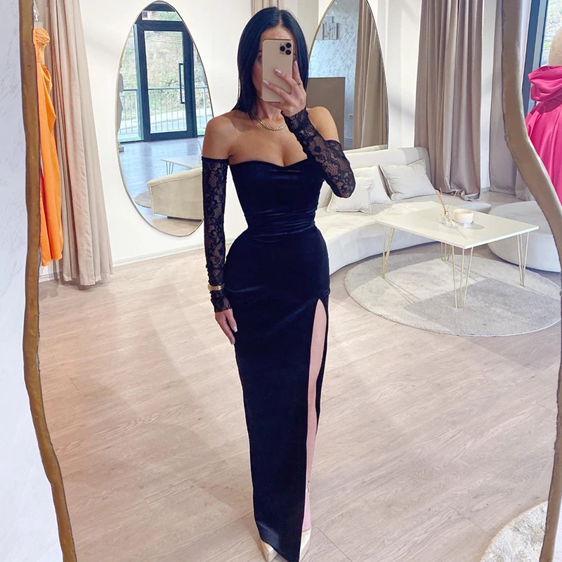 

Thinyfull Sexy Mermaid Prom Evening Dresses Black Strapless High Split Night Dress Formal Cocktail Party Prom Gowns Custom Size