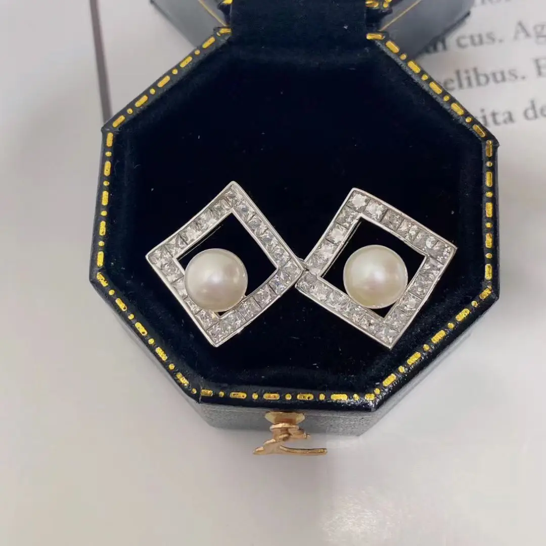 Square Shape S925 Sterling Silver Earrings Mount Findings Settings Base Mounting Parts Accessory for 6-7mm Pearls 5 pairs/lot