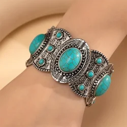 Ethnic Fashion Jewelry Wholesale Turquoise Stone Wide Stretch Bracelet Women Vintage Boho Turquoise Cuff Stretch Bangle Bracelet