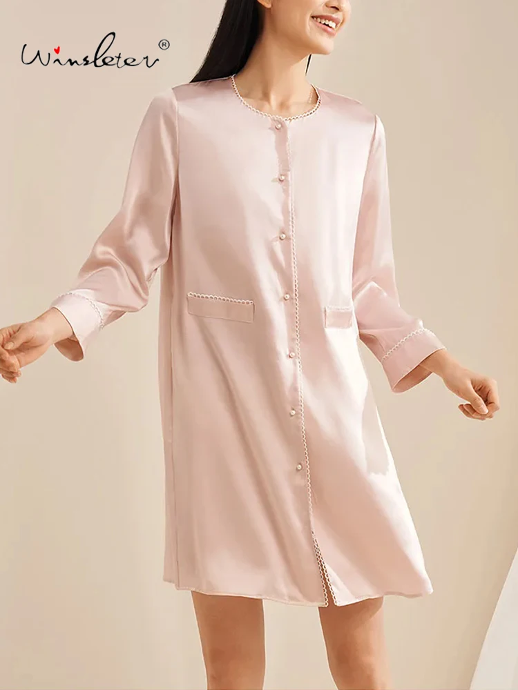 

Winsleter,Women Long Sleeve,French Solid Soft Pajama Dress,6A 19MM 100%Mulberry Silk Elegant Nightgown,2024 Summer P45760QC