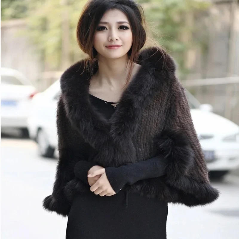 Women\'s Real Natural Mink Fur Knitted Shawl, Fox Fur Collar, Vest, Winter, New Fashion