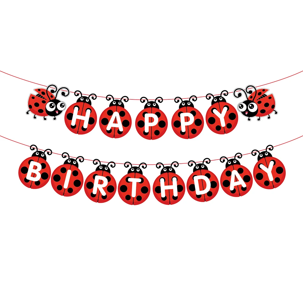 Ladybug Birthday Decorations Happy Birthday Banner Cake Topper Black Red Latex Balloon Cutlery Kids Ladybug Theme Party Supplies