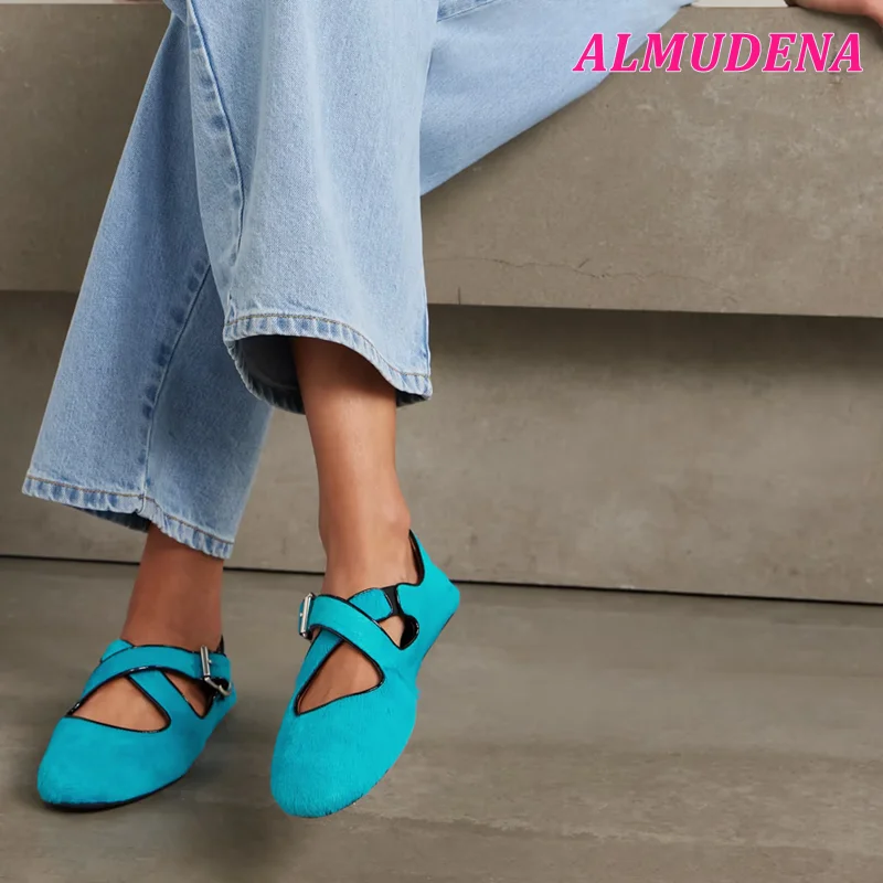 

Blue Horse Hair Ballet Flats Women's Soft Leather Round Toe Mary Jane Shoes Causal Dress Luxury Designer Buckled Sandals New in