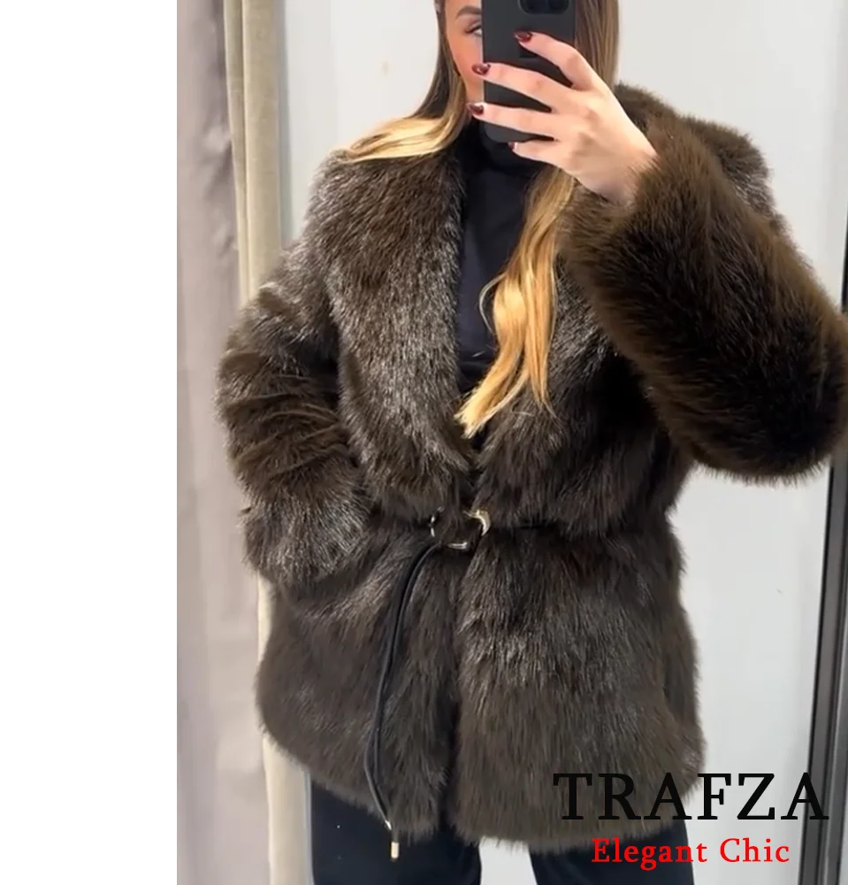 TRAFZA Women Vintage Black Faux fur Belted Coat Lapel Shaggy Coat New 2024 Fall Winter High Street Glamorous Jacket Coat