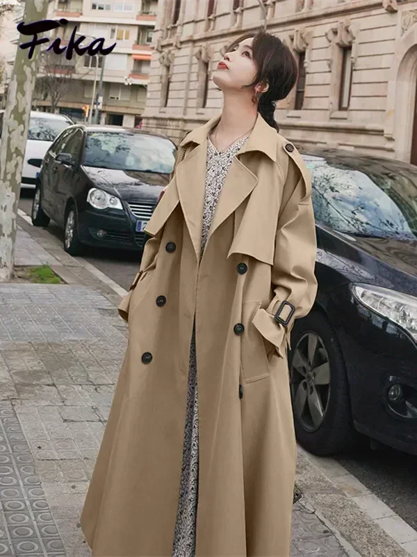Gabardina larga de doble botonadura con cuello en V para mujer, abrigo informal ajustado de Color sólido, elegante, 2022