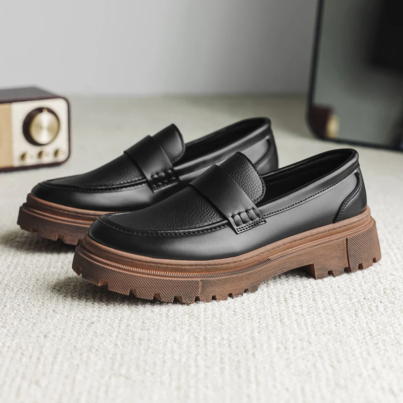 Men Spring Summer Black Litchi Grain Loafers Thick Sole Slip On Shoes British Style Casual Commuting
