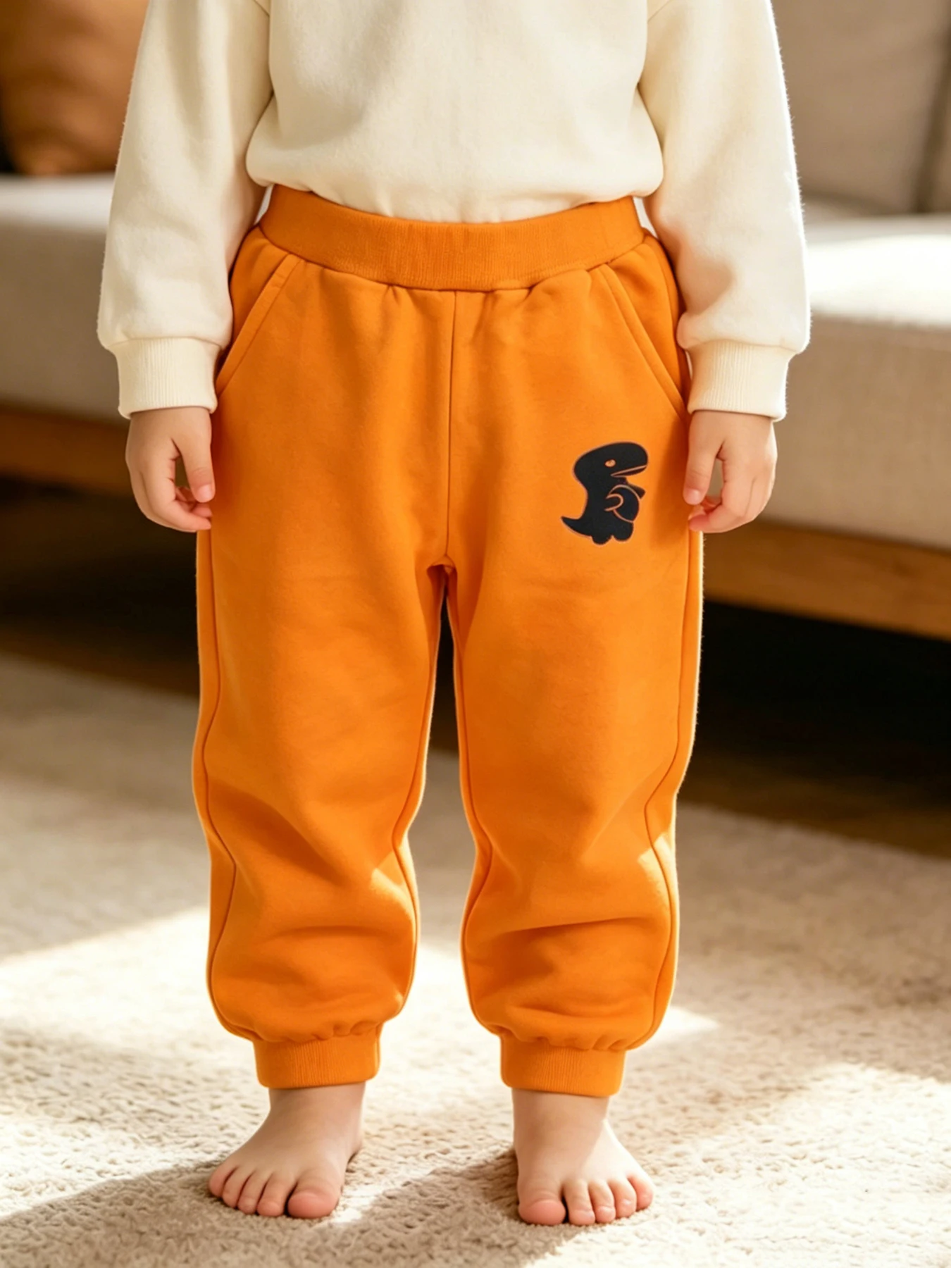 Orange Children's Pants Dinosaur Print Polyester Knit Sports Sweatpants, Boys' Girls  Jogger Casual Pants, Elastic Waist Design
