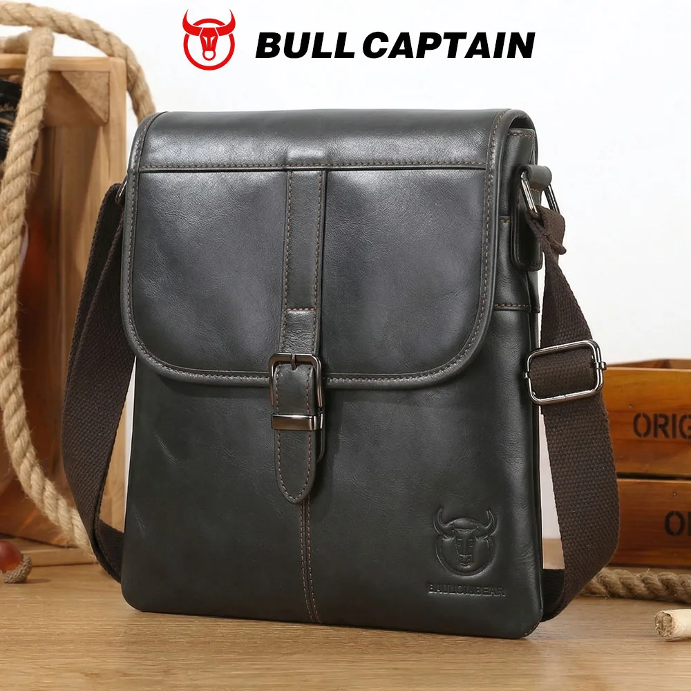 BULLCAPTAIN Men's Leather Shoulder Slung Casual Sports Outdoor Soft Head Layer Leather Trend Business Small Flat Bag