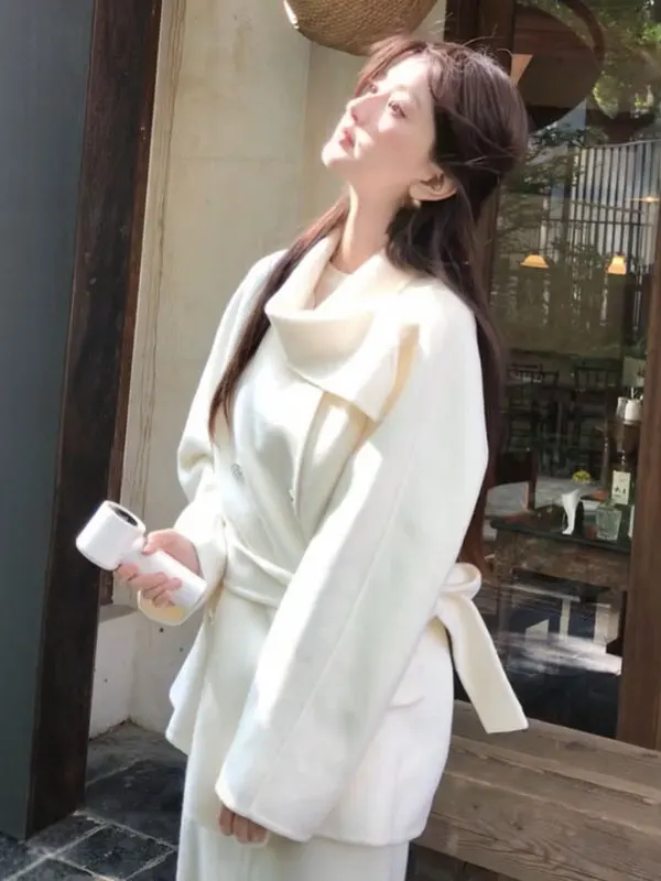 

Gentle Wind Beautiful Belted Waist Coat Woolen Jaet Anti-Aging Unique Attractive Coat Korean Sle Long Sve round Ne