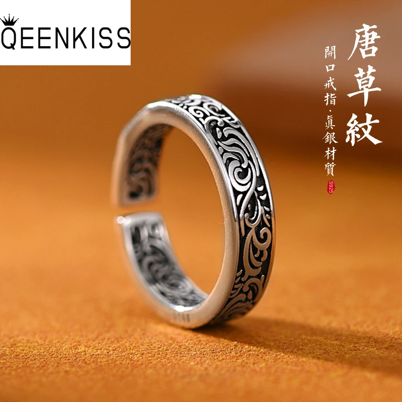 QEENKISS 925 Sterling Silver Ring for Women Men Vintage Tang Grass Adjustable Ring Fine Jewelry Wedding Party Father Gift RG6952