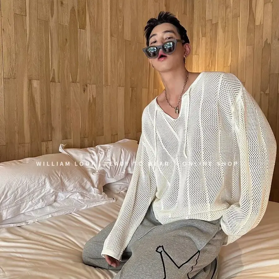 Lace-up Design Hollow Out Knitted Sweater Mens Summer Knit Sweater Lazy Casual High-end Top Long Sleeve Pullover White Harajuku