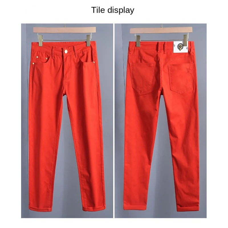 

Orange red spring and summer new jeans men's stretch slim fit small foot trendy brand simple and luxurious casual pants