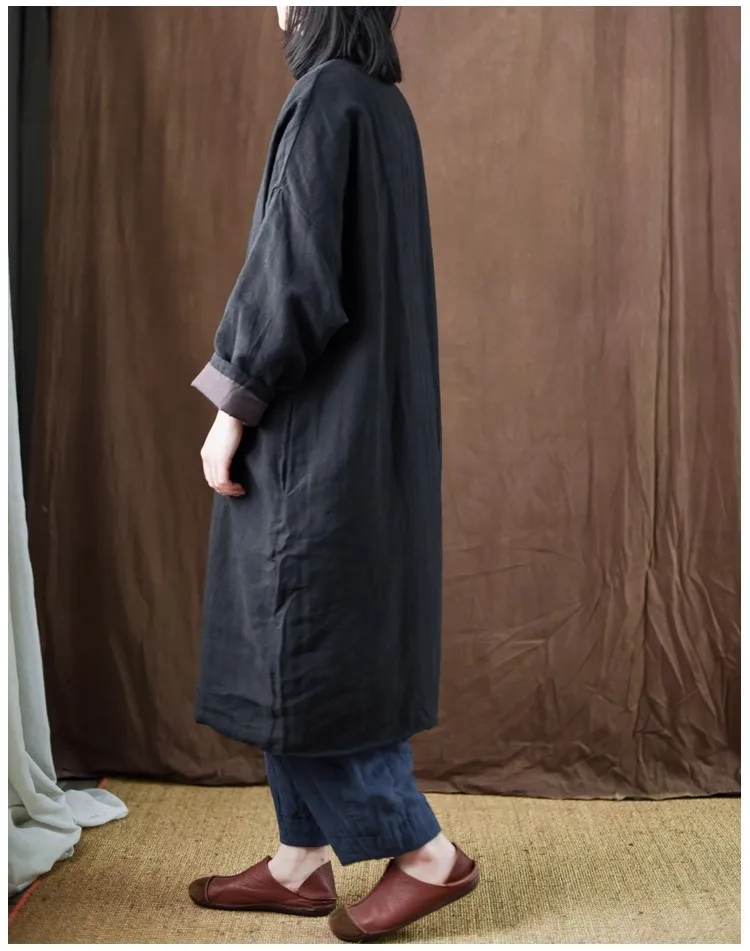 Donna Autunno Inverno Qualità Ramie Sottile Trapuntato Morbido Cappotto Imbottito Pullover Retro Casual Allentato Medio Lungo Stile Qipao Veste Outwear