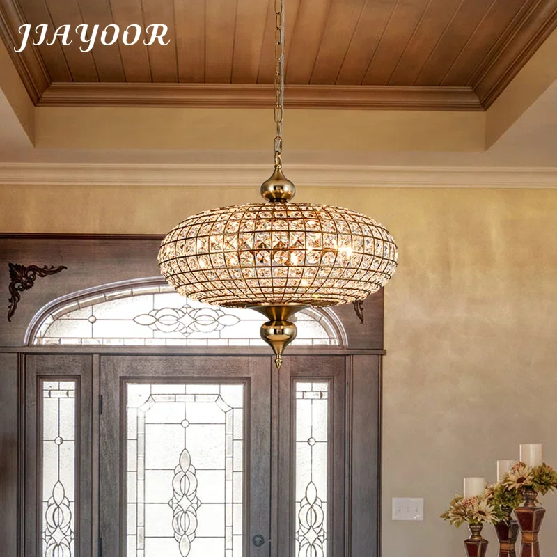 

Ретро-люстра из цельной меди с хрусталем, роскошная лампа для гостиной, виллы, холла отеля, величественная декоративная лампа, винтажное освещение для интерьера дома