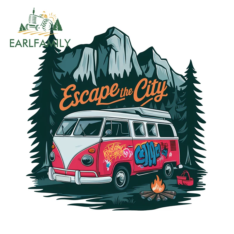 EARLFAMILY Camper Travel RV Graffiti Design Car Sticker Personal Cartoon Vanlife Item Window Trunk Decal Sunscreen Car Goods