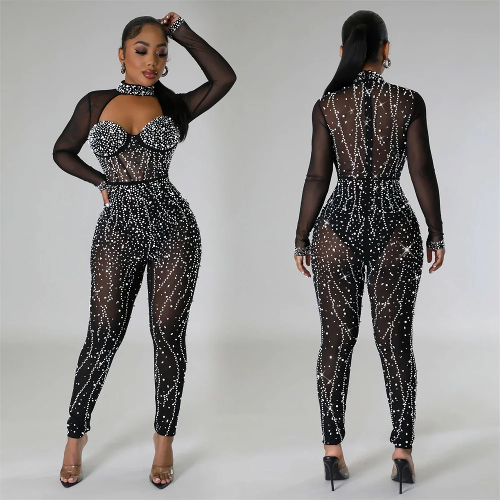 

2024 Fashion Sexy Nightclub Bodycon Jumpsuit Women Black O-Neck Mesh Hot Diamond Long Sleeve Casual Pant Suits Stage Costumes