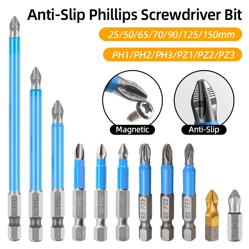  Anti-Slip Phillips Cross Head Screwdriver Bits Set Magnetic 1/4 Hand Tools PH1 PH2 PH3 PZ1 PZ2 PZ3 Electric Driver Accessories