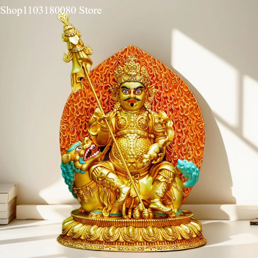 

27cm Copper gilding Vaishravana statue Painting Tibet buddhism Lion Zambala sculpture