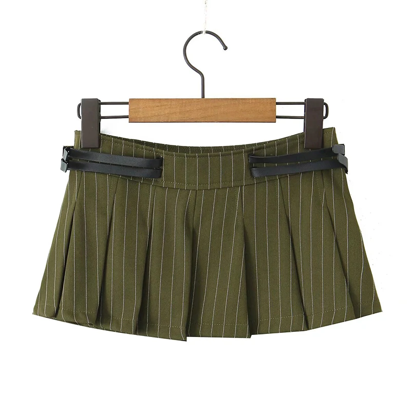 YENKYE 2024 Y2K Green Pinstriped Pleated Mini Skirt For Women Sexy Faux Leather Buckle Belt Low Waist Summer Skirts