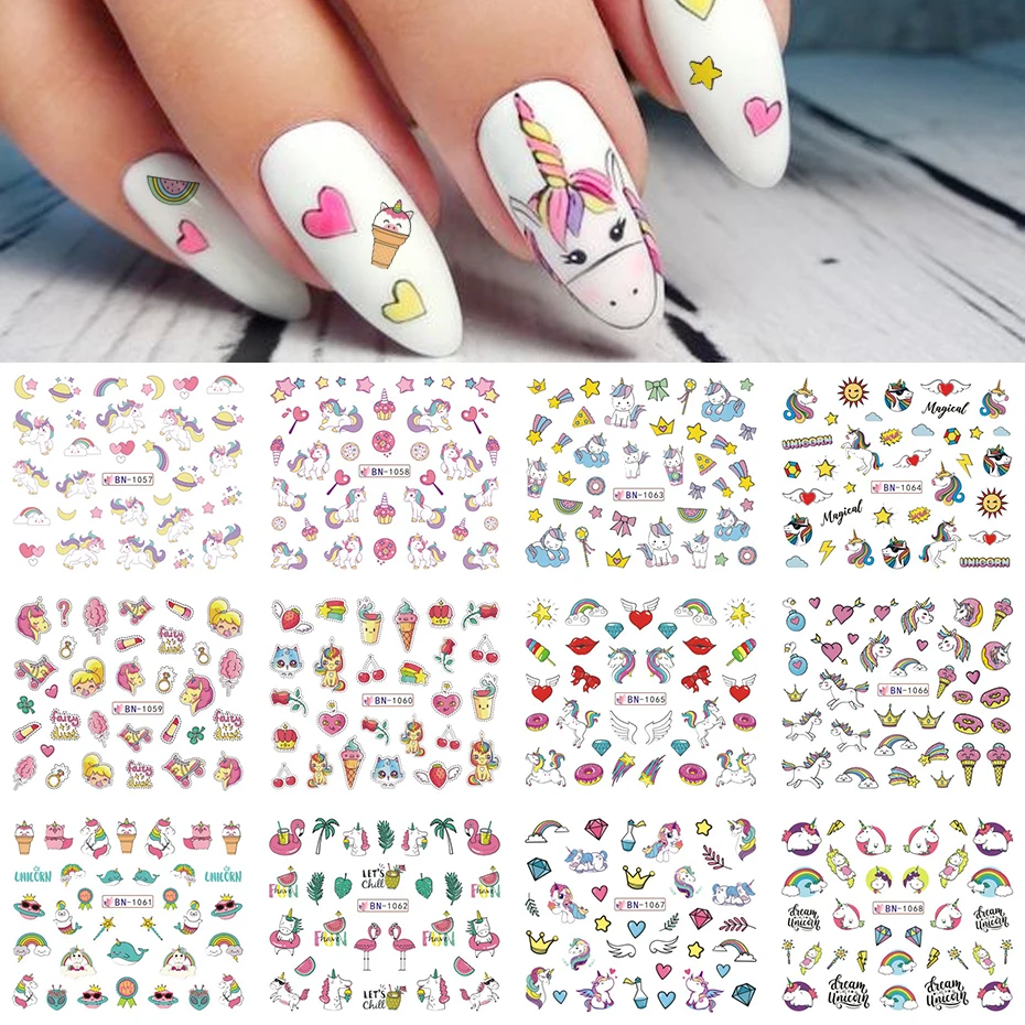 12 Designs Pink Unicorn Water Transfer Slider Rainbow Ice Cream Donut Cartoons Nail Stickers Polishing Nail Decaor NLBN1057-1068