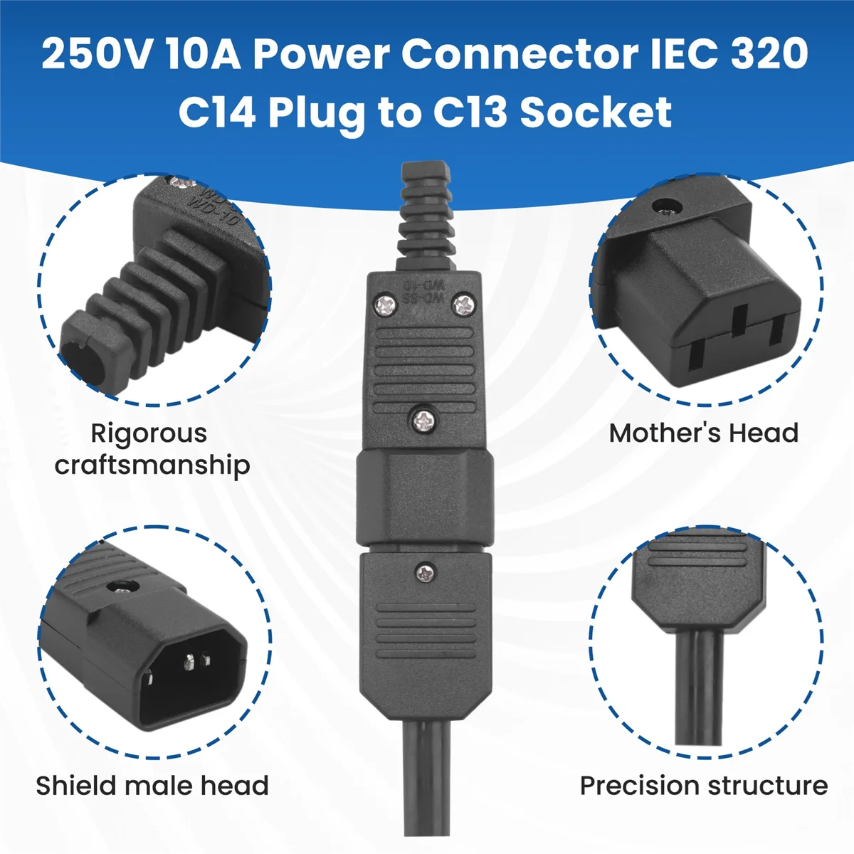 موصل 250 فولت 10 أمبير موصل الطاقة IEC 320 C14 التوصيل إلى مقبس C13