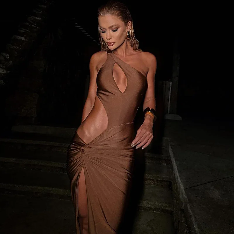 Femmes robes Sexy froncé Chic coupe forme épaule inclinée solide côté fendu moulante minuit fête Clubwear Robe