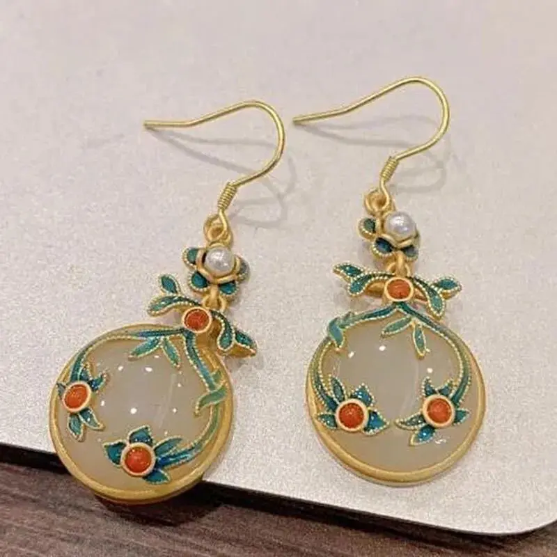 S925 Hypoallergenic Chinese Style Traditional Hanfu Enamel Dangle Earrings For Women Round White Safety Buckle Retro Gold Plated