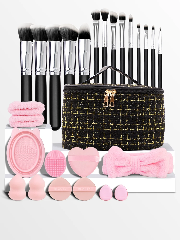 Set di pennelli per trucco da 27 pezzi, polvere soffice, bagnato e asciutto, set di pennelli professionali femminili, regalo perfetto per Natale.