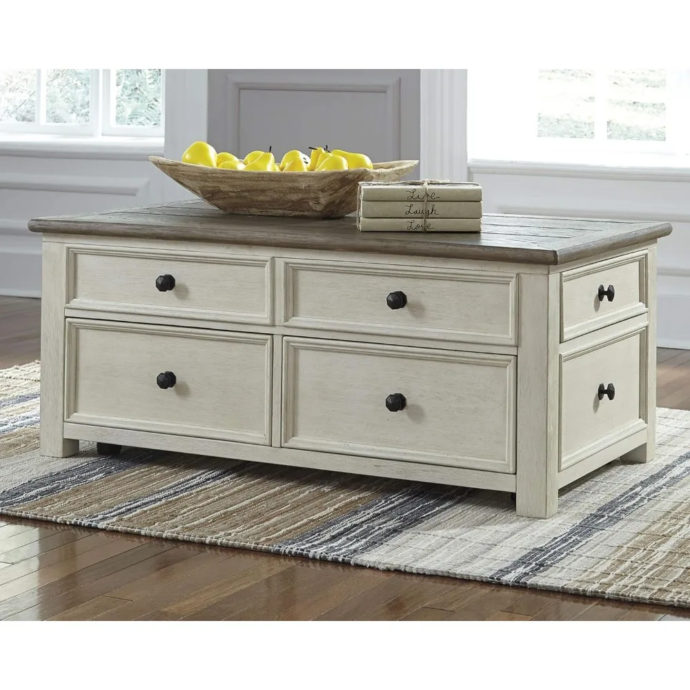 Farmhouse Lift Coffee Table with Drawers, 26 L x 46 W x 19.38 H In, Lift Top 28.75 Inches High and 40 Inches Deep